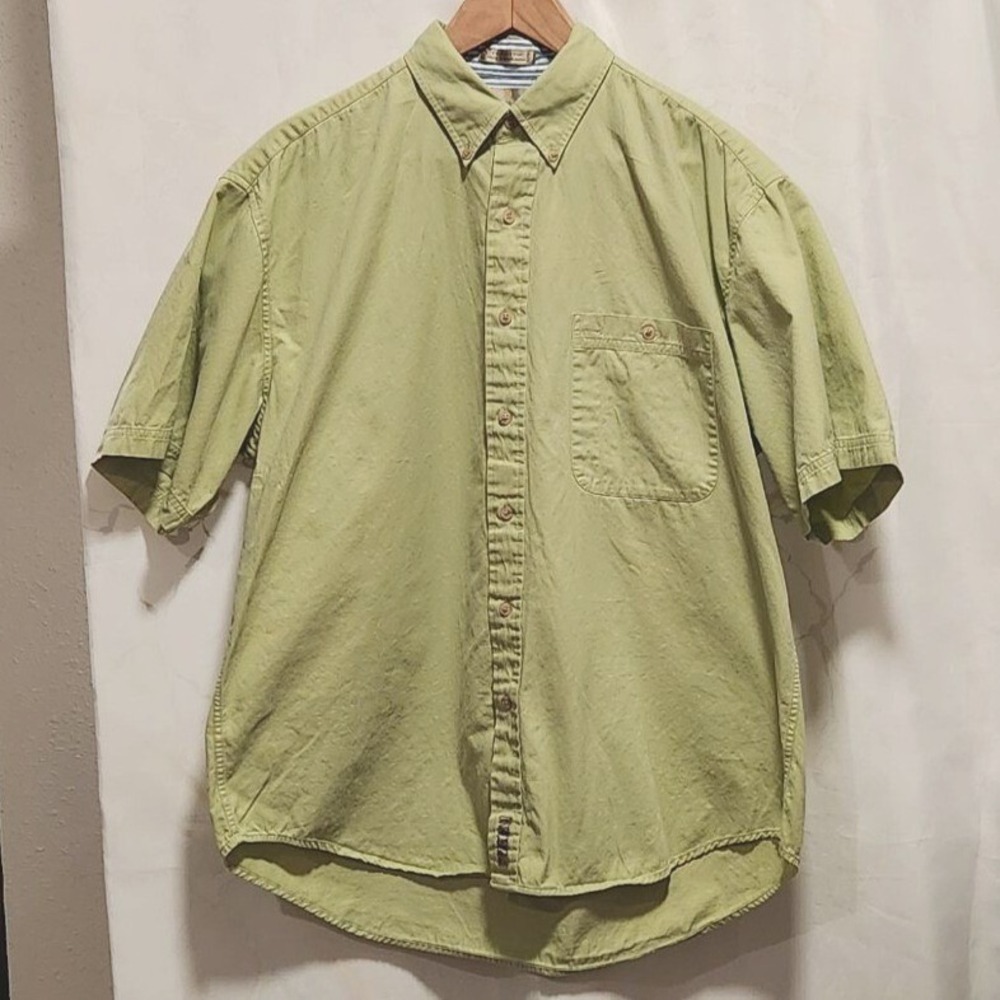 Bill Blass Short Sleeve Button Up Shirt Men's L Green 100% Cotton Casual Pocket